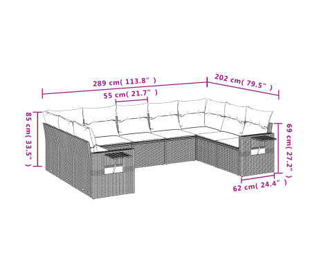 vidaXL 9-cz. zestaw mebli ogrodowych, poduszki, jasnoszary polirattan