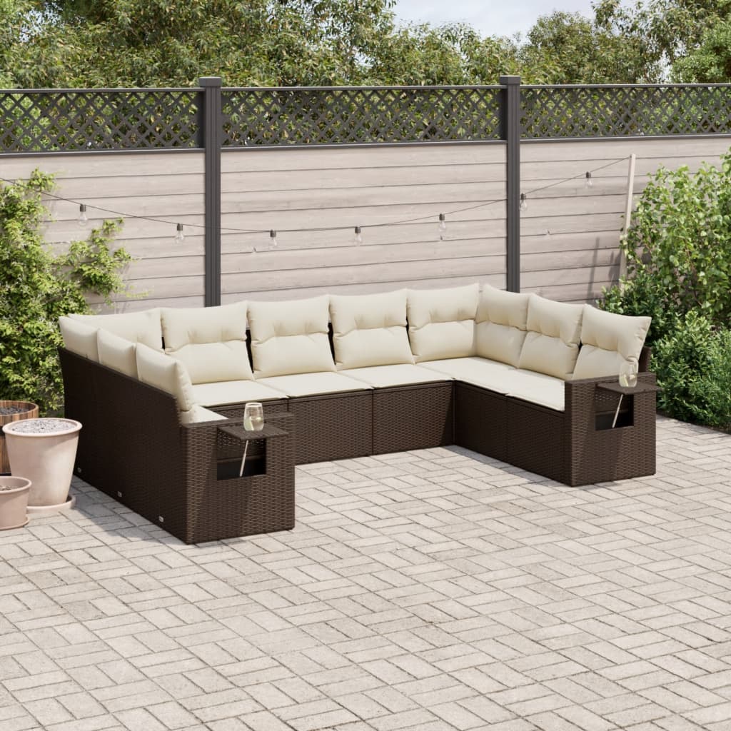 9-tlg. Garten-Sofagarnitur mit Kissen Braun Poly Rattan