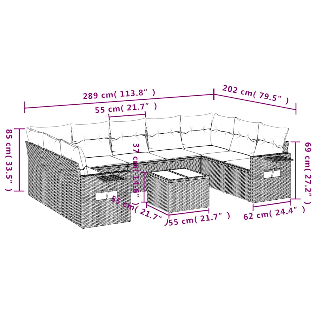 Set canapele de grădină cu perne, 10 piese, negru, poliratan 3252942 - imagine 3
