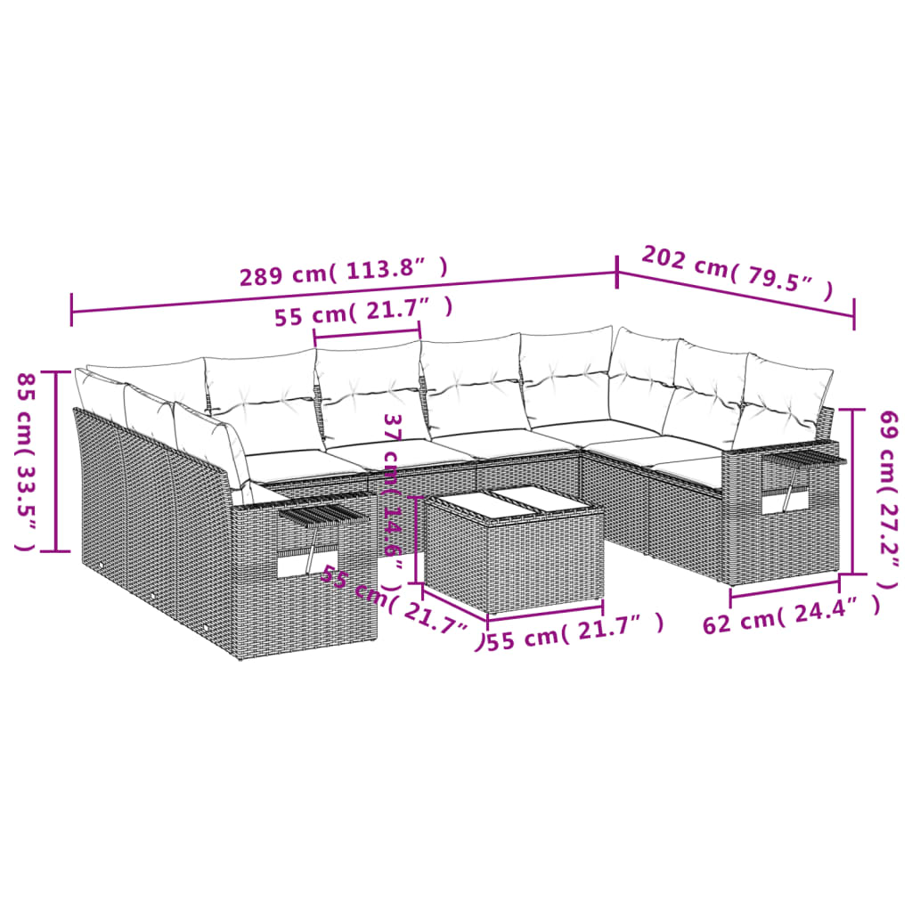 Set canapele de grădină cu perne, 10 piese, bej, poliratan 3252946 - imagine 3