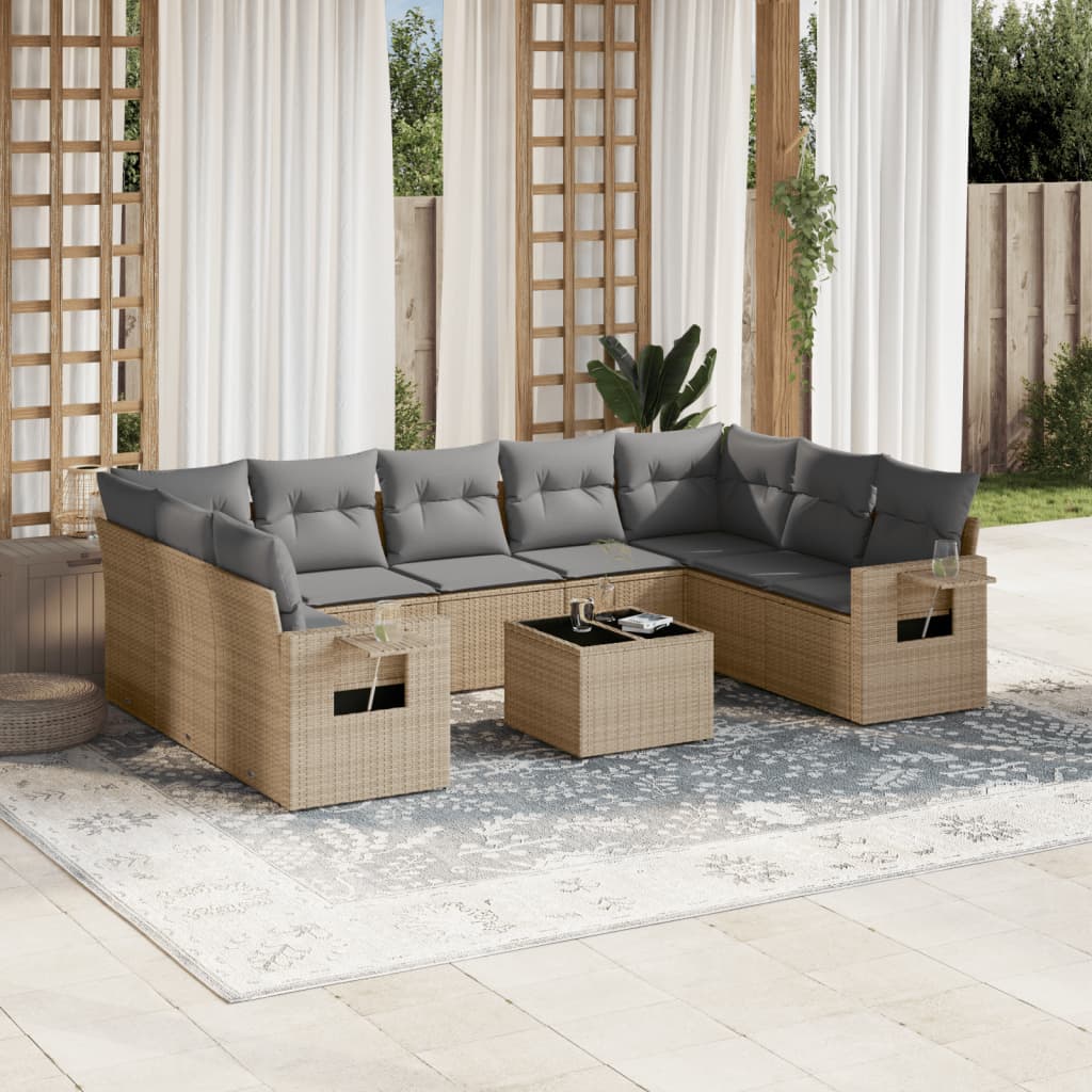 vidaXL 10-tlg. Garten-Sofagarnitur mit Kissen Beige Poly Rattan