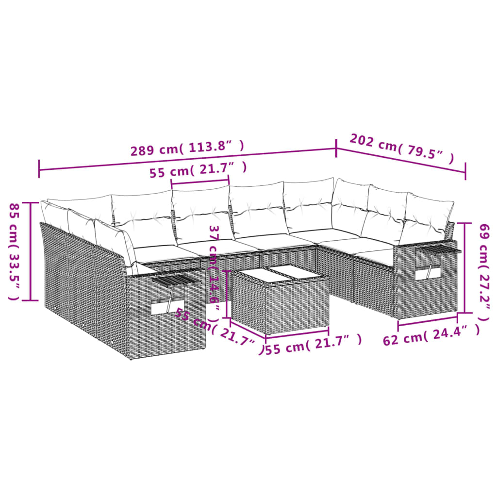 Set mobilier de grădină cu perne, 10 piese, gri, poliratan 3252947 - imagine 3