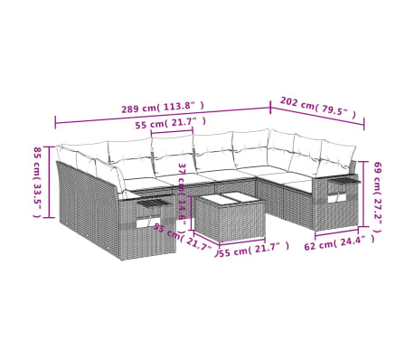vidaXL 10-tlg. Garten-Sofagarnitur mit Kissen Hellgrau Poly Rattan