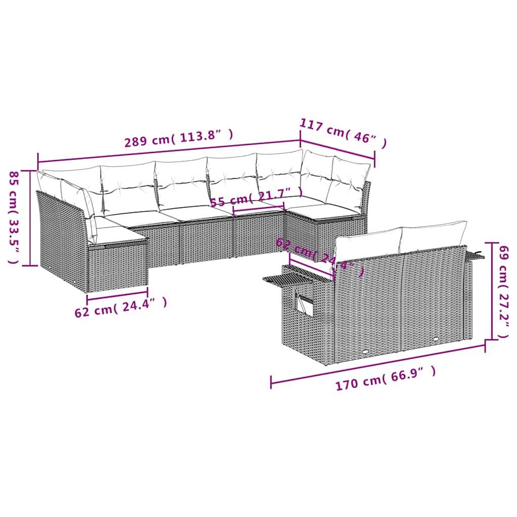 Set mobilier de grădină cu perne, 9 piese, negru, poliratan 3252952 - imagine 3