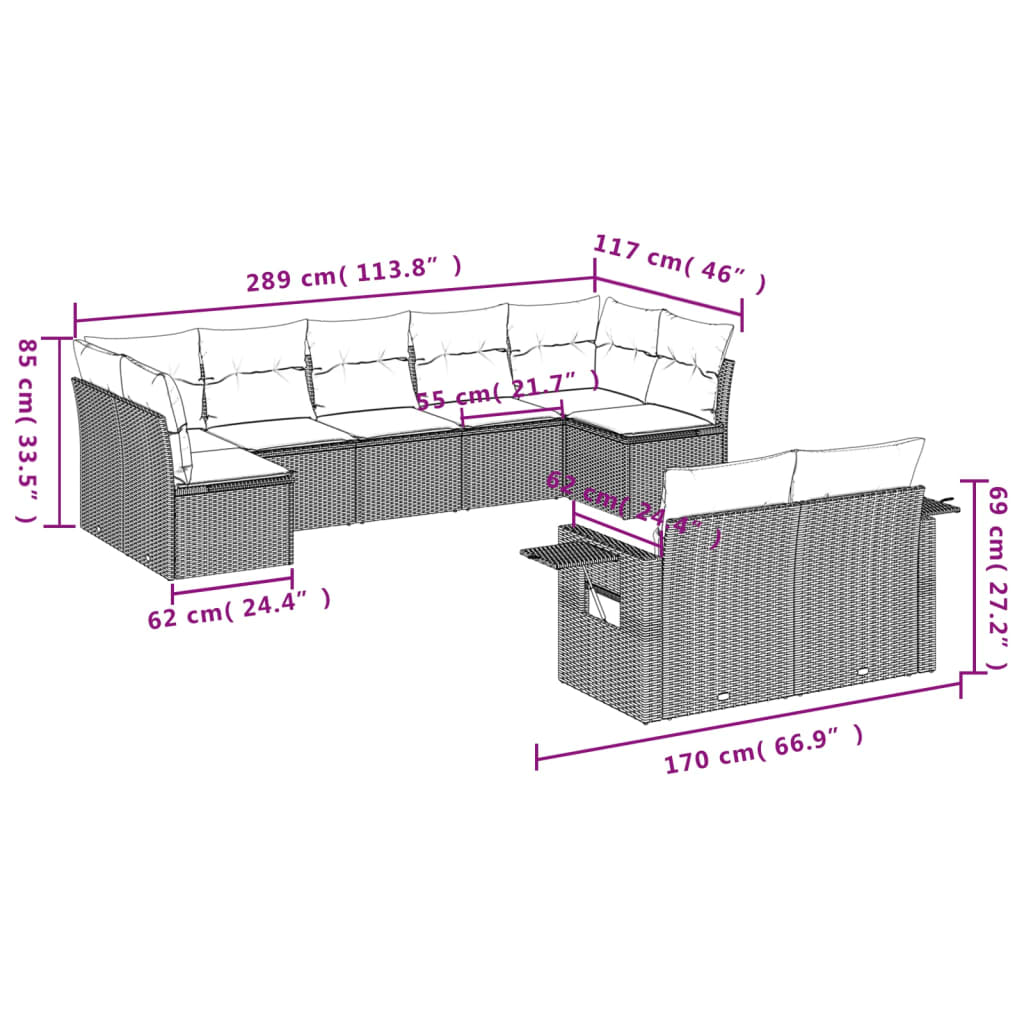 Set mobilier de grădină cu perne, 9 piese, negru, poliratan 3252953 - imagine 3
