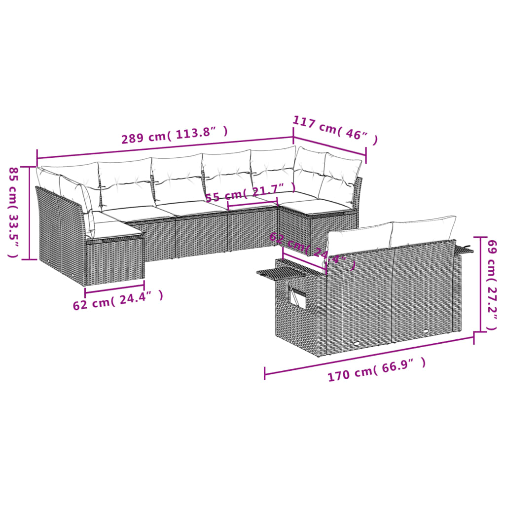 vidaXL 9-delige Loungeset met kussens poly rattan bruin afbeelding