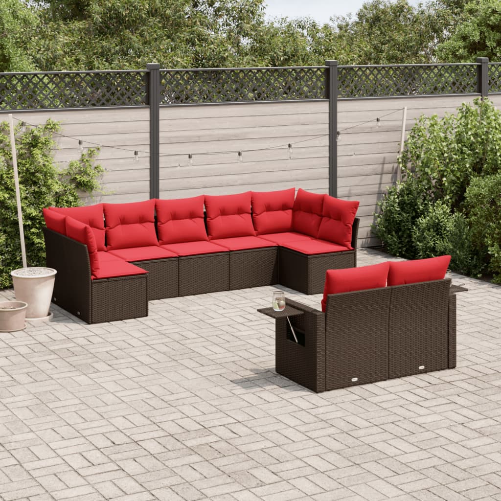 Set de sofás de jardín 9 pzas y cojines ratán sintético marrón