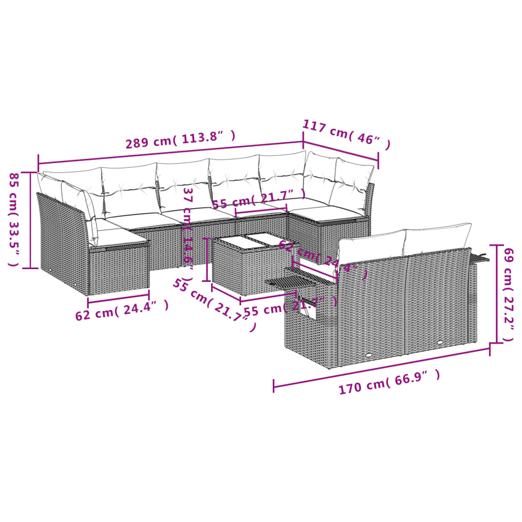 Set canapele de grădină cu perne, 10 piese, negru, poliratan 3252963 - imagine 3