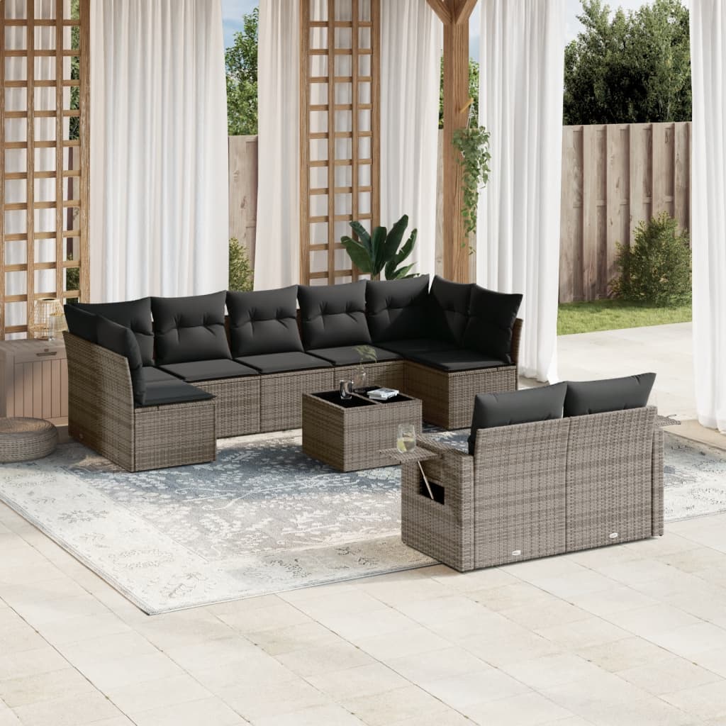 vidaXL 10-tlg. Garten-Sofagarnitur mit Kissen Grau Poly Rattan