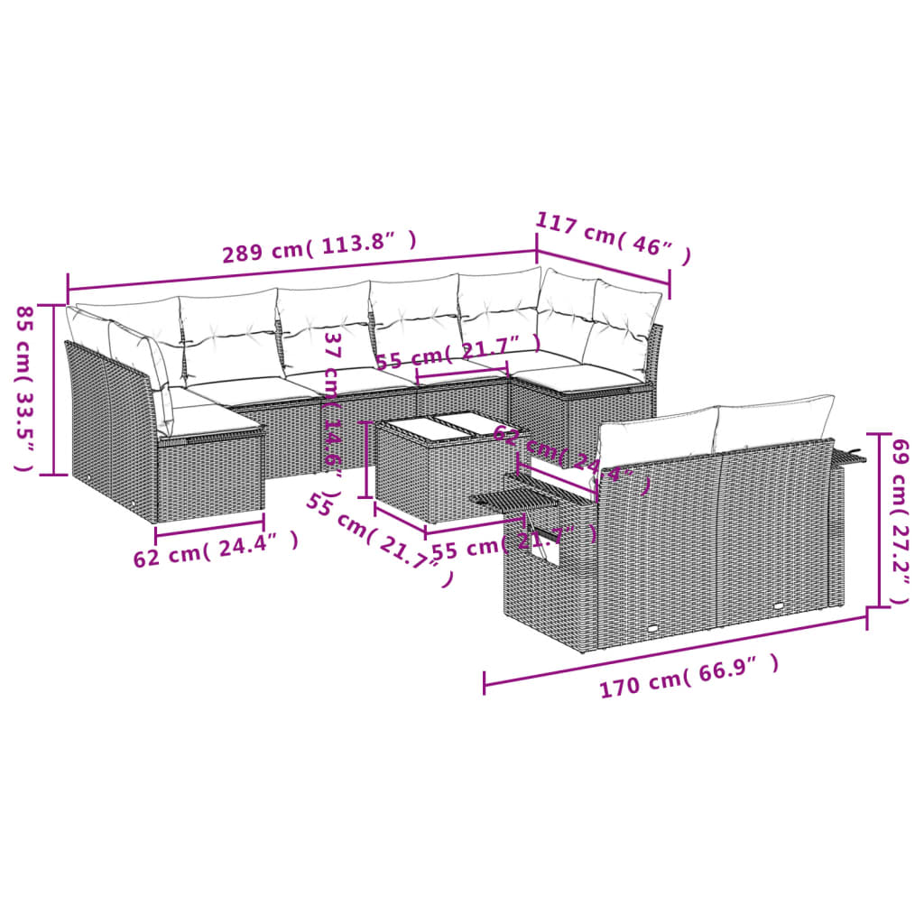 vidaXL 10-delige Loungeset met kussens poly rattan bruin