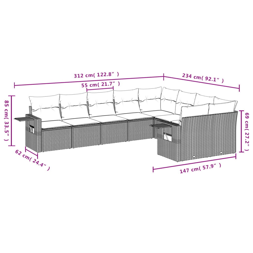 Set canapele de grădină, 9 piese, cu perne, gri, poliratan 3252977 - imagine 3