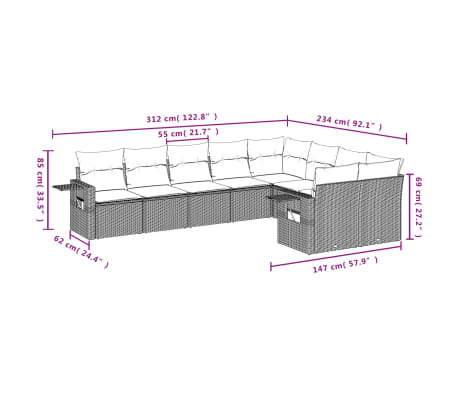 vidaXL Garden Sofa Set Light Grey PE Rattan 9 Piece Adjustable Feet