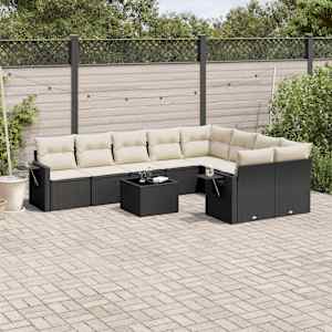 Vrtna sedežna garnitura 10-delna z blazinami črn poli ratan