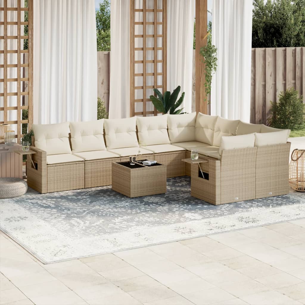 vidaXL 10-tlg. Garten-Sofagarnitur mit Kissen Beige Poly Rattan