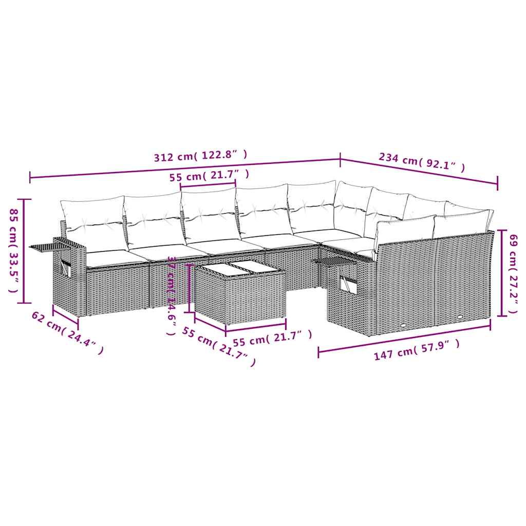 Set canapele de grădină cu perne, 10 piese, bej, poliratan 3252986 - imagine 3
