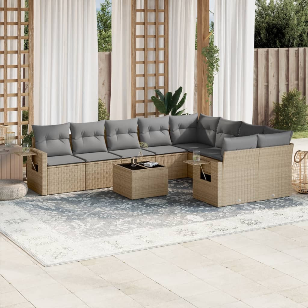 vidaXL 10-tlg. Garten-Sofagarnitur mit Kissen Beige Poly Rattan