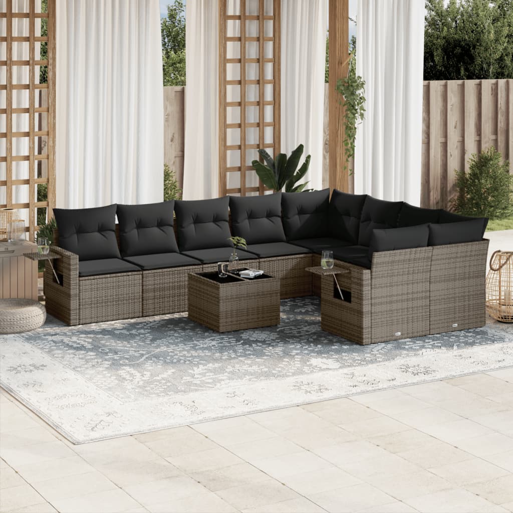 vidaXL 10-tlg. Garten-Sofagarnitur mit Kissen Grau Poly Rattan