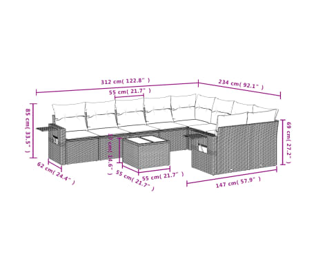 vidaXL 10 Hluta Gar&eth;s&oacute;fasett me&eth; Sessum Lj&oacute;sgr&aacute;tt P&oacute;l&yacute;rattan