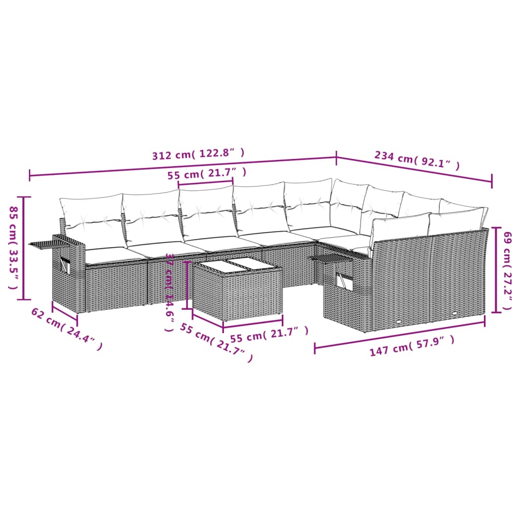 vidaXL 10-delige Loungeset met kussens poly rattan bruin