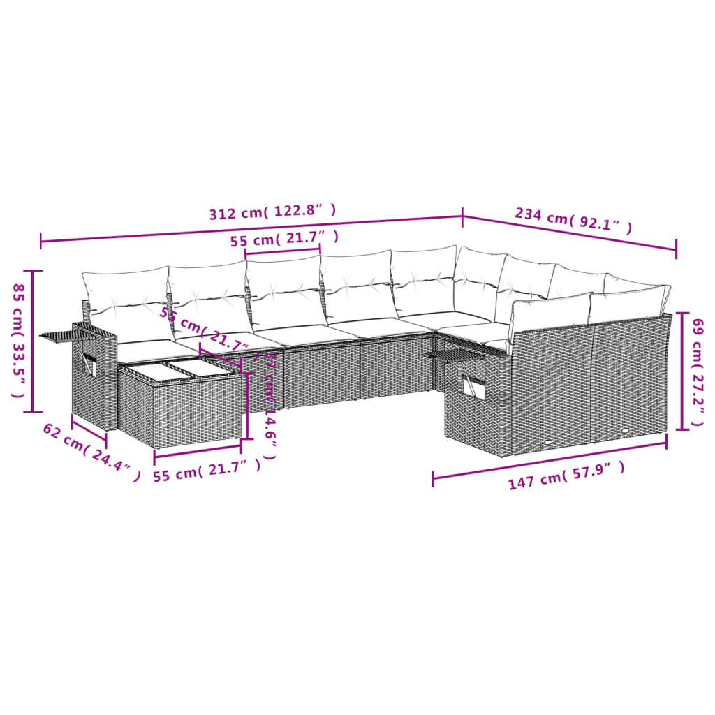 vidaXL 10-delige Loungeset met kussens poly rattan grijs