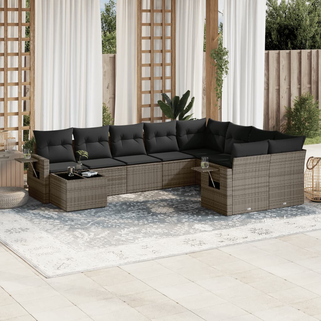 vidaXL 10-tlg. Garten-Sofagarnitur mit Kissen Grau Poly Rattan