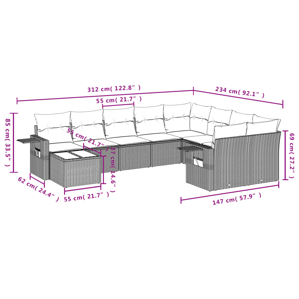 vidaXL 10-delige Loungeset met kussens poly rattan bruin