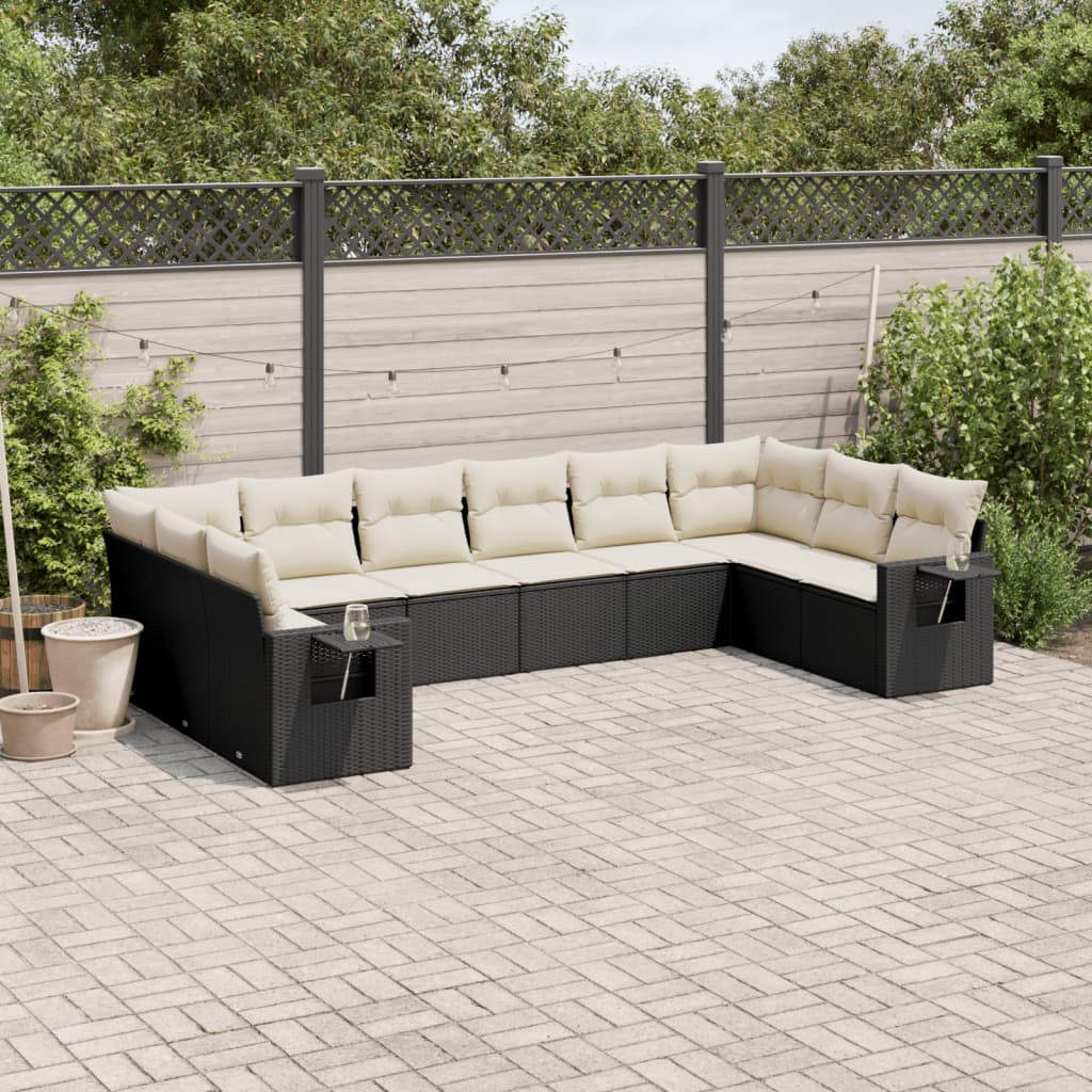 vidaXL 10-tlg. Garten-Sofagarnitur mit Kissen Schwarz Poly Rattan