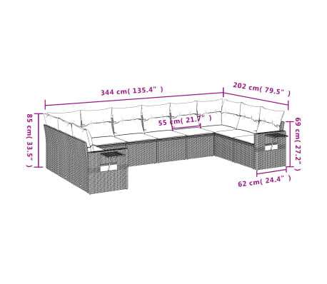 vidaXL 10-tlg. Garten-Sofagarnitur mit Kissen Hellgrau Poly Rattan