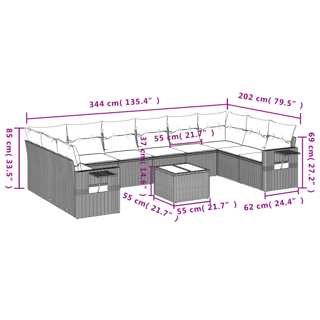 vidaXL 11-delige Loungeset met kussens poly rattan grijs