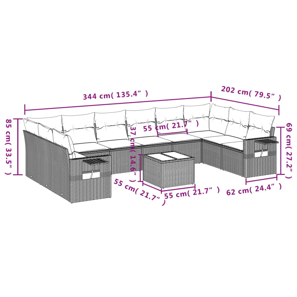 vidaXL 11-delige Loungeset met kussens poly rattan bruin