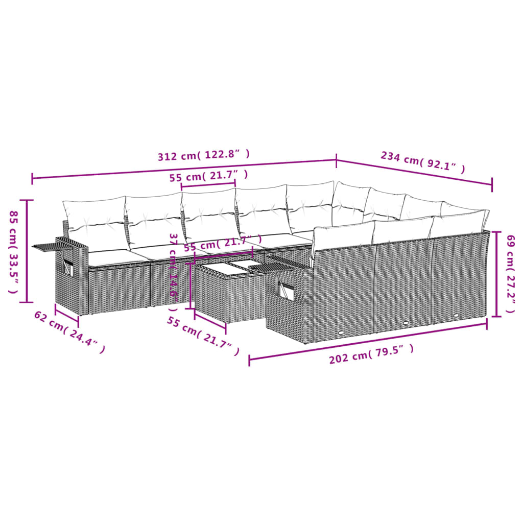 vidaXL 11-delige Tuinset met kussens poly rattan beige