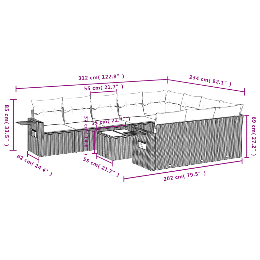 vidaXL 11-delige Loungeset met kussens poly rattan bruin