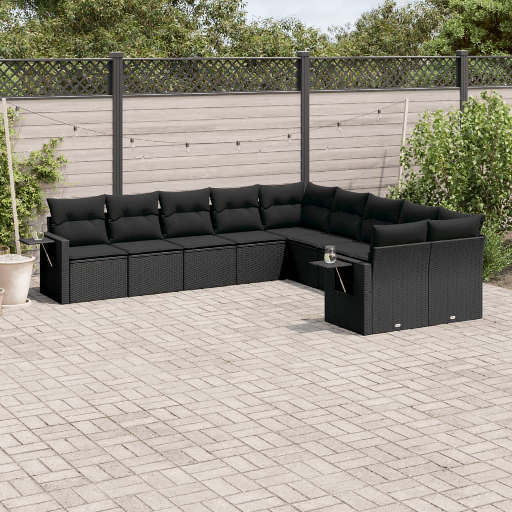 vidaXL 10-tlg. Garten-Sofagarnitur mit Kissen Schwarz Poly Rattan