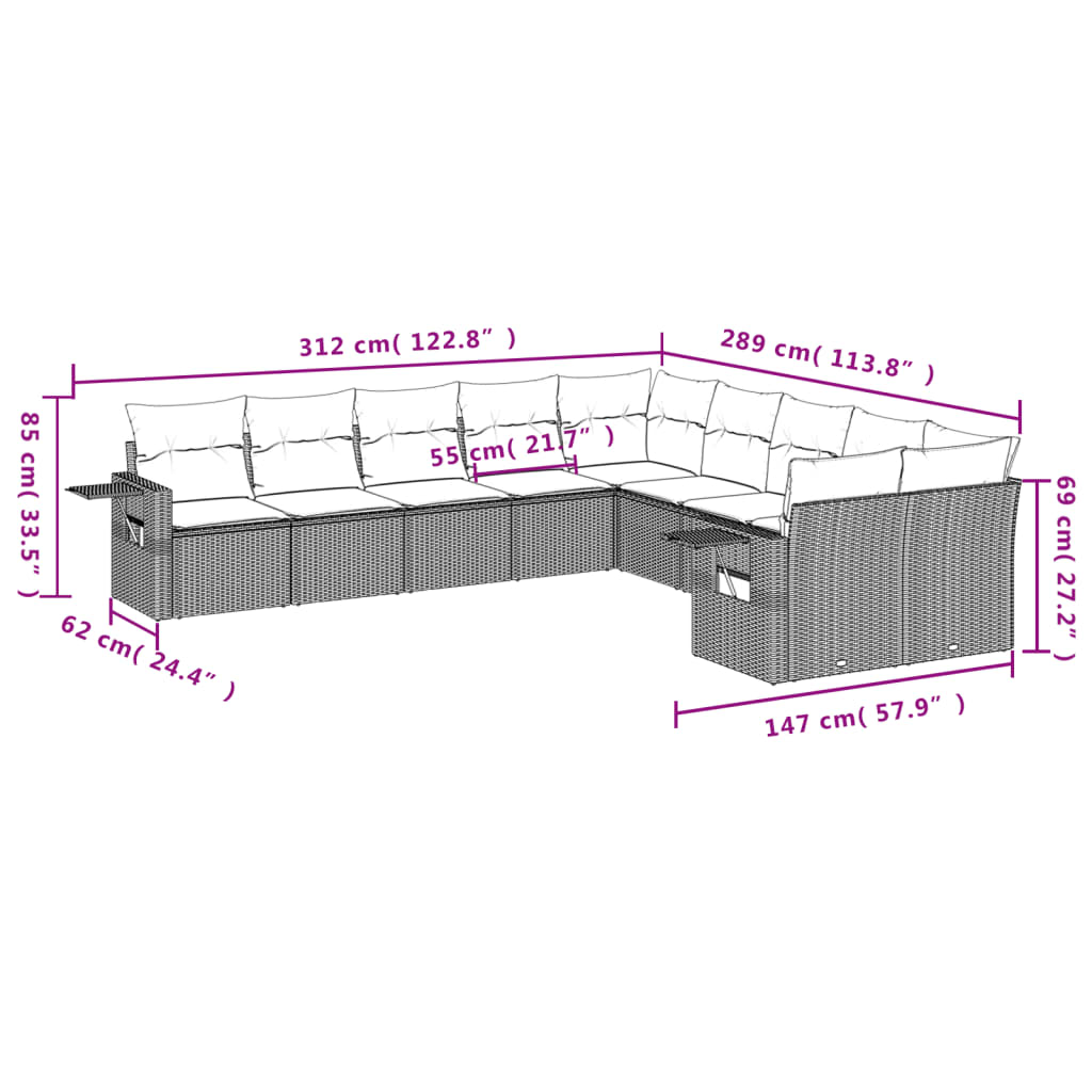 vidaXL 10-delige Loungeset met kussens poly rattan grijs afbeelding