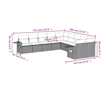 vidaXL 10-tlg. Garten-Sofagarnitur mit Kissen Hellgrau Poly Rattan
