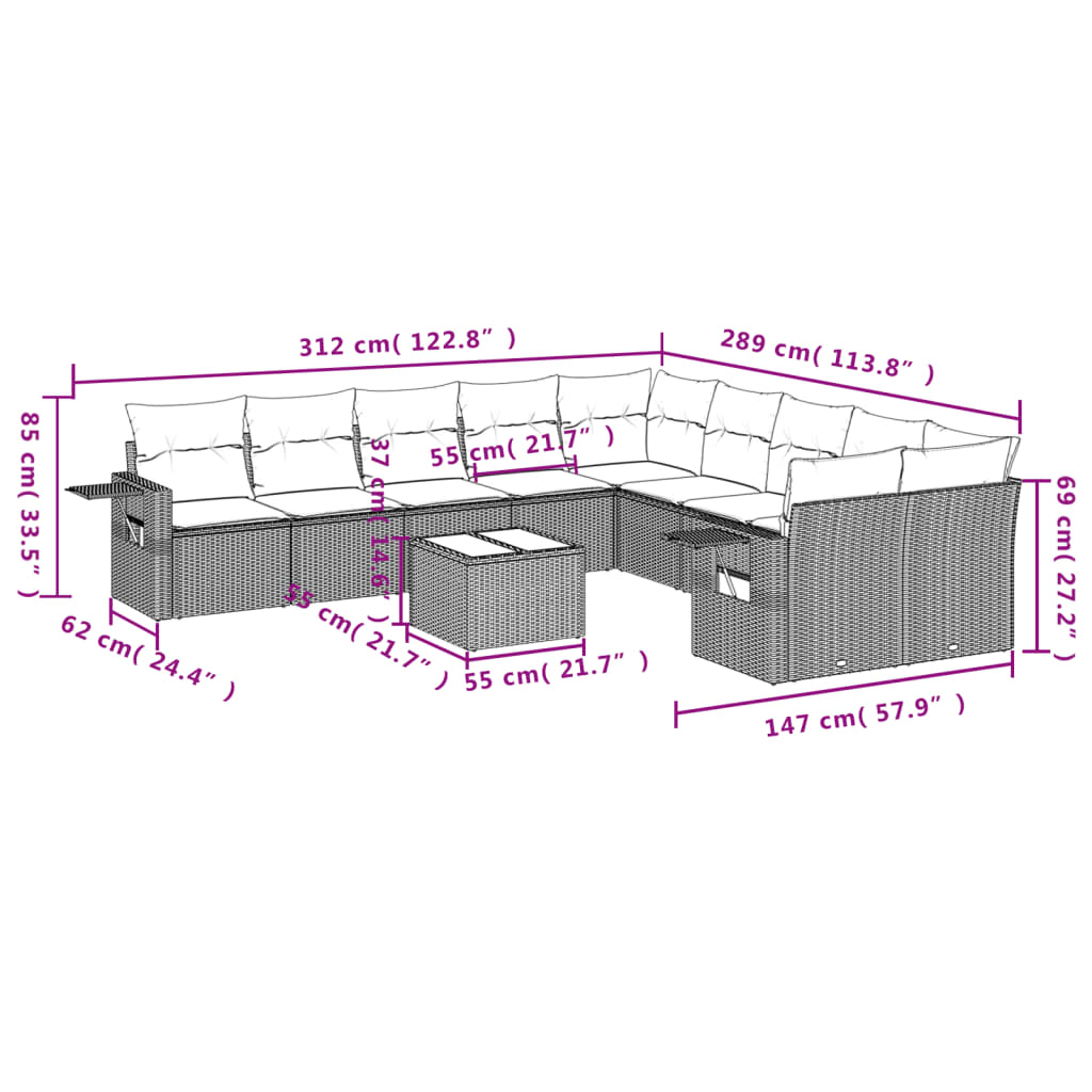 vidaXL 11-delige Tuinset met kussens poly rattan beige