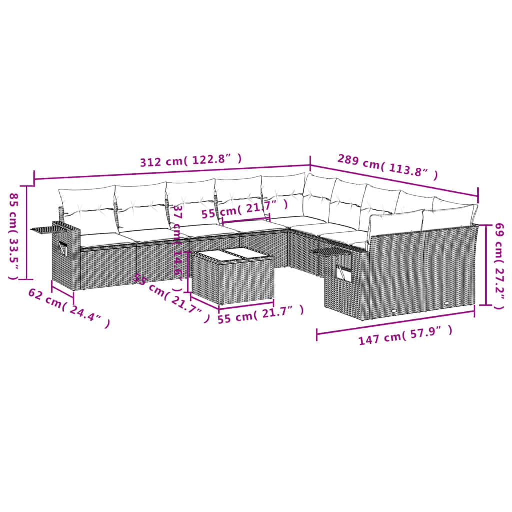 vidaXL 11-delige Loungeset met kussens poly rattan bruin