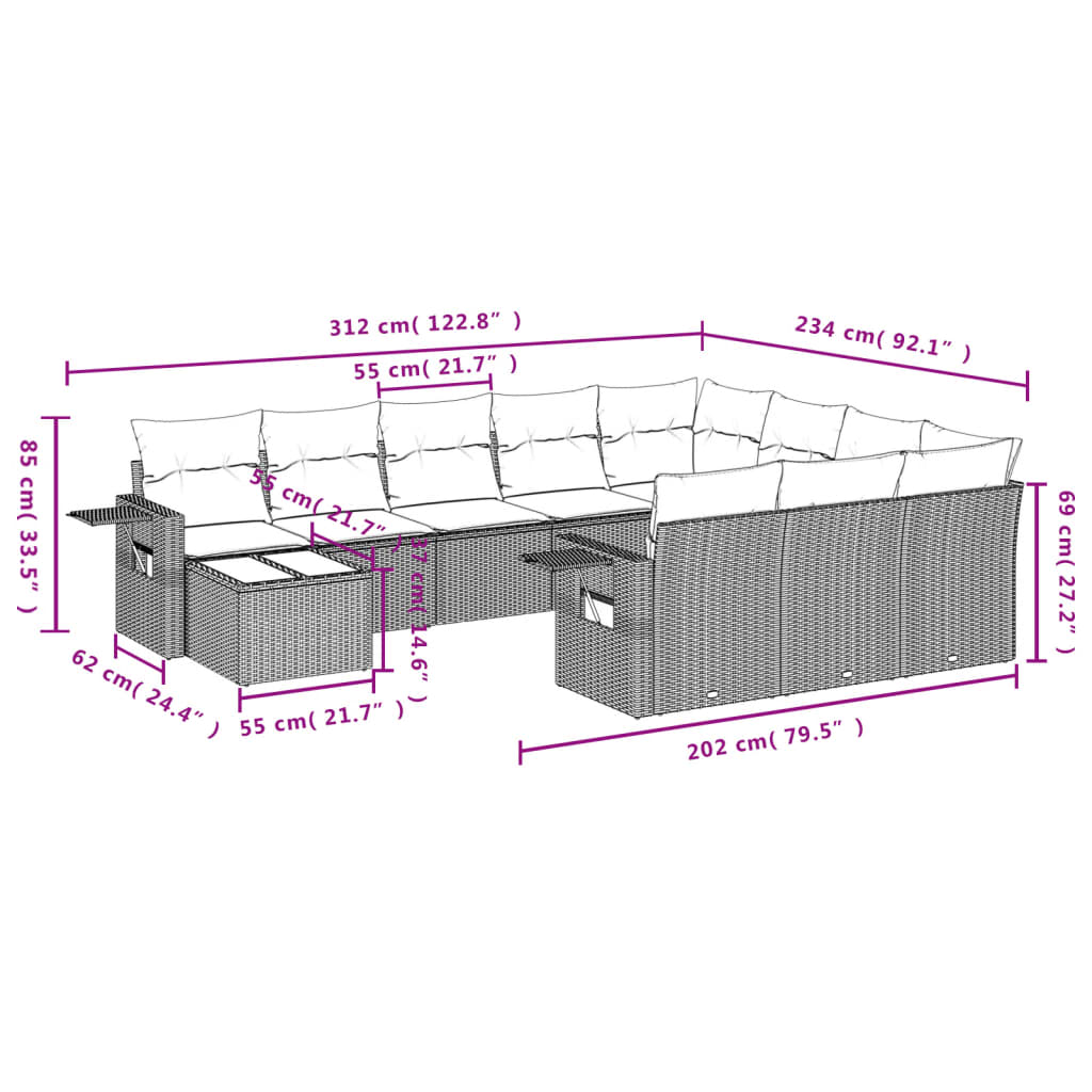 vidaXL 11-delige Tuinset met kussens poly rattan beige