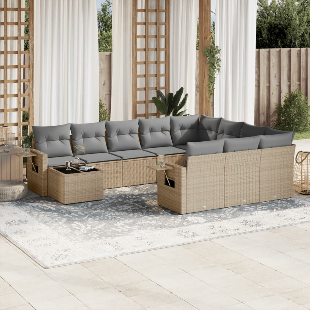 vidaXL 11-tlg. Garten-Sofagarnitur mit Kissen Beige Poly Rattan