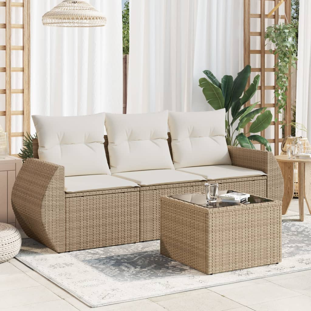 4-tlg. Garten-Sofagarnitur mit Kissen Beige Poly Rattan