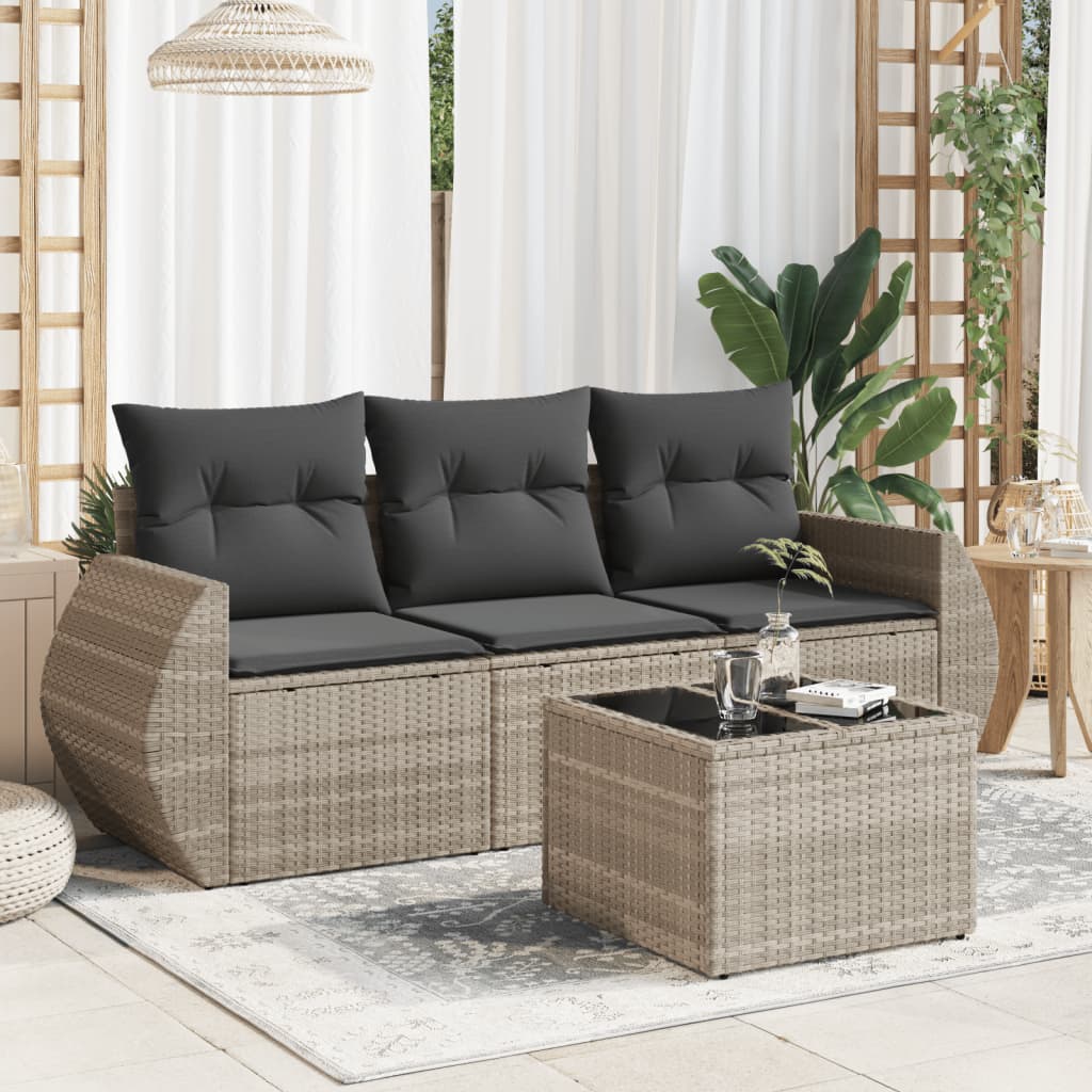 4-tlg. Garten-Sofagarnitur mit Kissen Hellgrau Poly Rattan