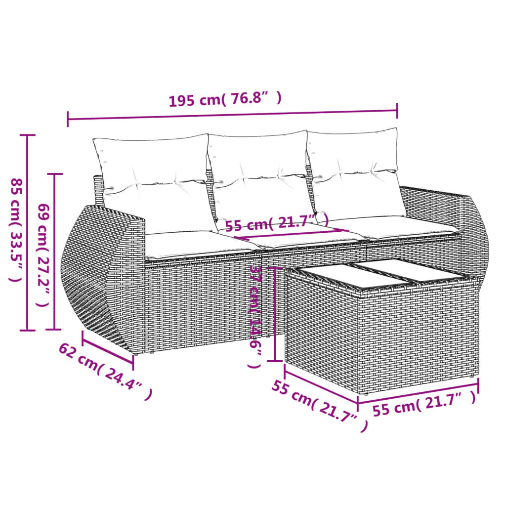 vidaXL 4-delige Loungeset met kussens poly rattan bruin