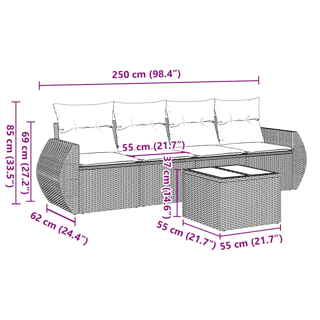vidaXL 5-delige Loungeset met kussens poly rattan zwart afbeelding