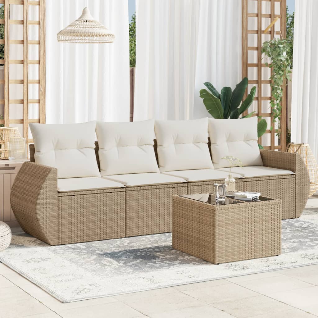 vidaXL 5-tlg. Garten-Sofagarnitur mit Kissen Beige Poly Rattan