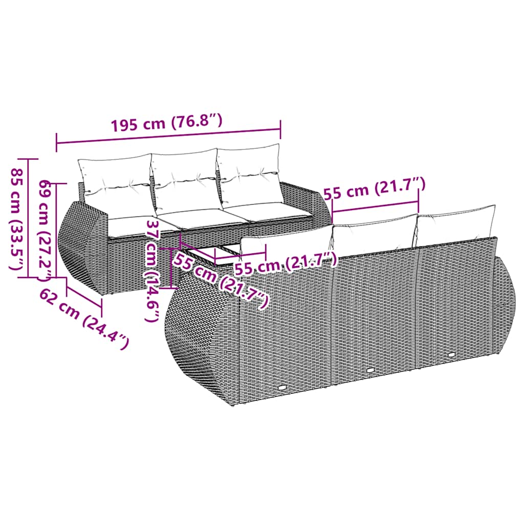 vidaXL 7-delige Loungeset met kussens poly rattan zwart afbeelding