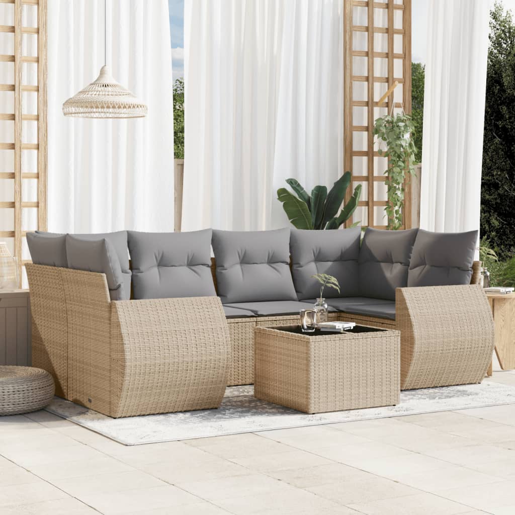 vidaXL 7-tlg. Garten-Sofagarnitur mit Kissen Beige Poly Rattan