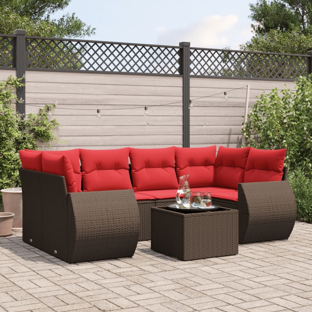 7 Piece Patio Sofa Set with Cushions Brown Poly Rattan