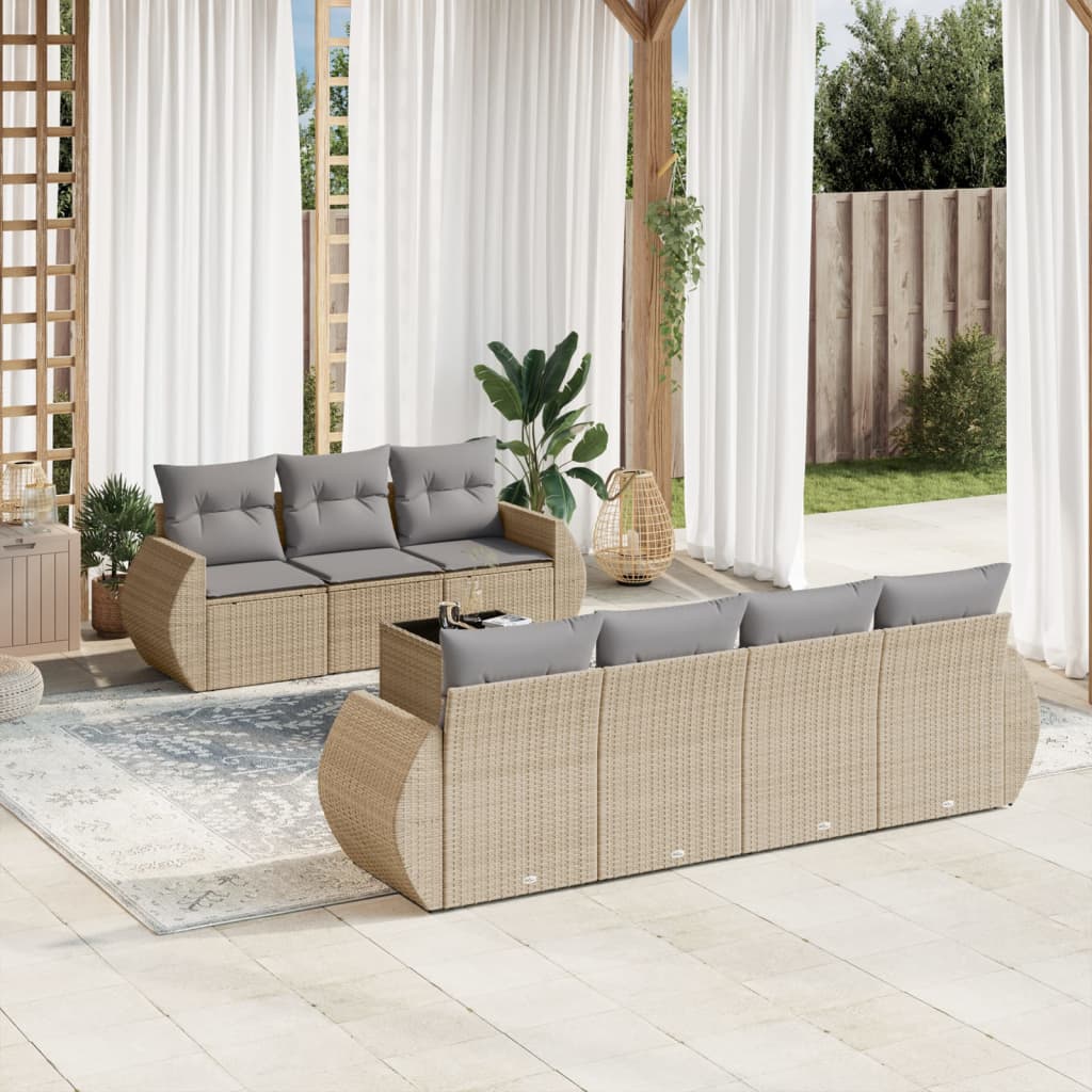 vidaXL 8-tlg. Garten-Sofagarnitur mit Kissen Beige Poly Rattan