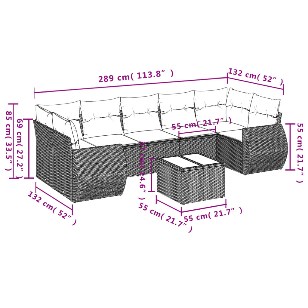 vidaXL 8 pcs conjunto sofás de jardim c/ almofadões vime PE cinzento