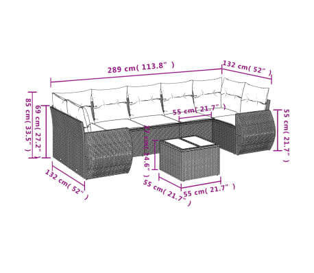 vidaXL 8 pcs conjunto sofás de jardim c/ almofadões vime PE cinzento